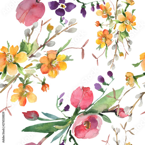 Bouquet floral botanical flowers. Watercolor background illustration set. Seamless background pattern.