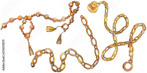 Golden chains sketch glamour illustration in a watercolor style isolated element. Watercolour background set.