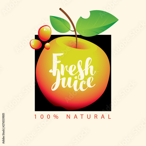 Vector banner or label with ripe juicy apple, yellow juice drops and calligraphic inscription Fresh juice