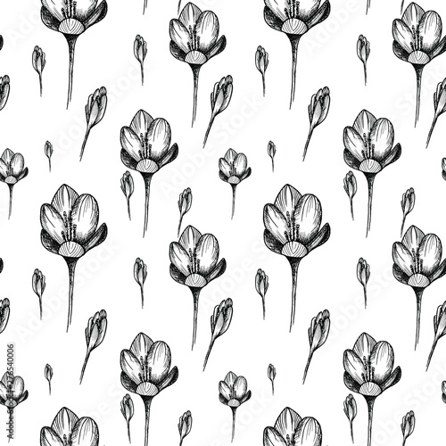 Flower sketch pattern. Hand drawn seamless backdrop, vintage flowers on white. Monochrome vector background.