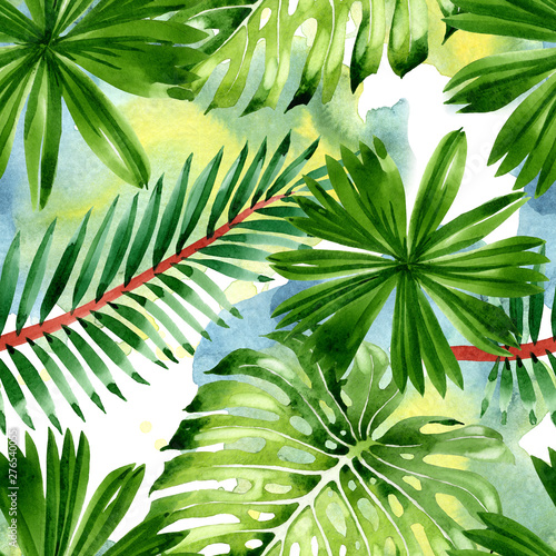Fototapeta Naklejka Na Ścianę i Meble -  Palm beach tree leaves jungle botanical. Watercolor background illustration set. Seamless background pattern.