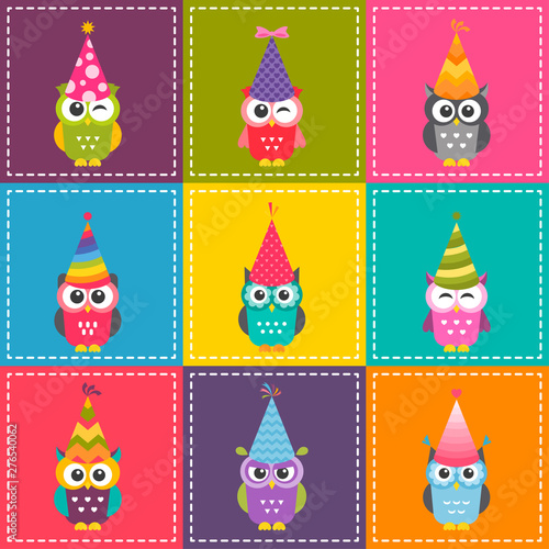 Patchwork background with cute carttoon colorful owls