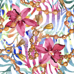 Foto auf Acrylglas Blumen- und Juwelenmuster Goldene Ketten skizzieren Illustration in einem isolierten Element der Aquarellart. Nahtloses Hintergrundmuster.  © LIGHTFIELD STUDIOS