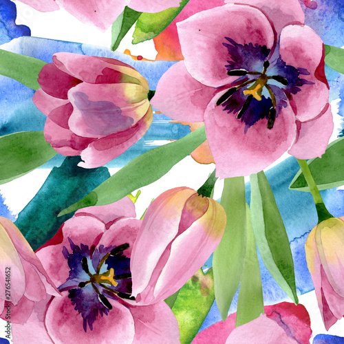 Pink tulips floral botanical flowers. Watercolor background illustration set....