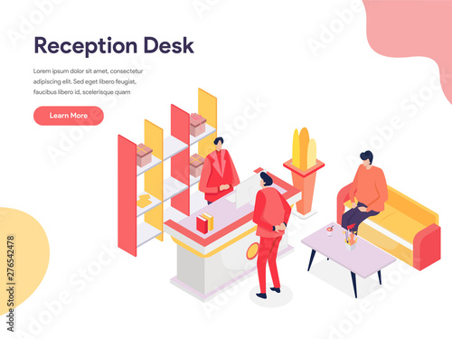 Reception Desk Illustration Concept. Isometric design concept of web page design for website and mobile website.Vector illustration