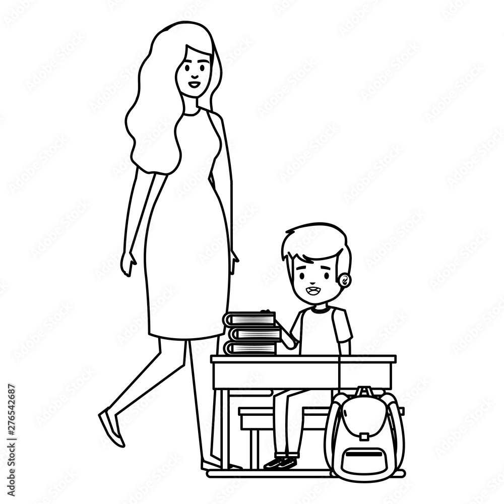 happy student boy in schooldesk with female teacher