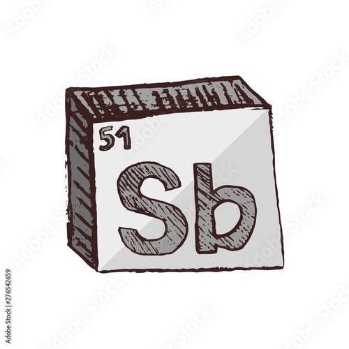 Vector three-dimensional hand drawn chemical silver symbol of antimony with an abbreviation Sb from the periodic table of the elements isolated on a white background