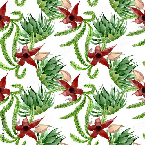 Fototapeta Naklejka Na Ścianę i Meble -  Green cactus floral botanical flower. Watercolor background illustration set. Seamless background pattern.