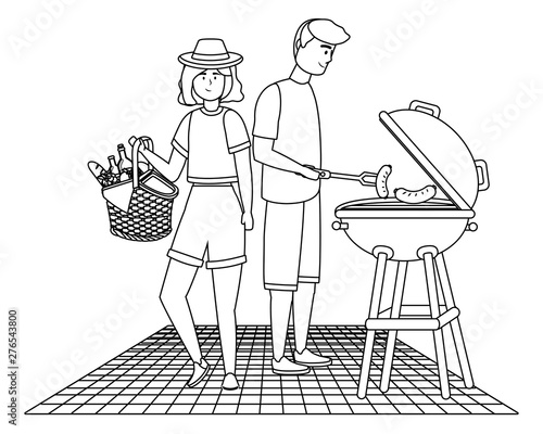 Couple of woman and man having picnic design