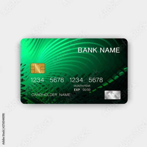 Green credit card design. With inspiration from abstract. On white background. Glossy plastic style.