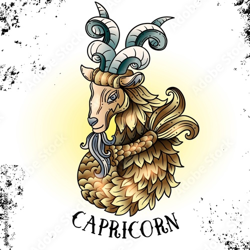 Beautiful line art filigree zodiac symbol on vintage background.Elegant jewelry tattoo. horoscope symbol.For printing Removable Temporary Tattoo Sticker Body Art Multicolor.Capricorn