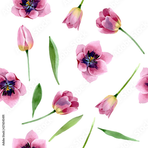 Pink tulips floral botanical flowers. Watercolor background illustration set. Seamless background pattern.