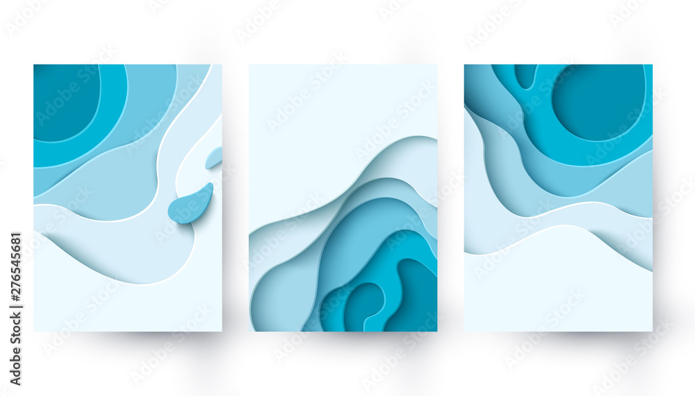 Abstract blue paper cut background with liquid shapes - obrazy, fototapety, plakaty 