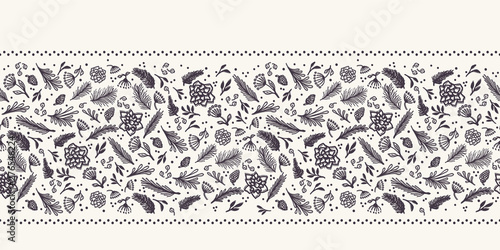 Hand drawn abstract Christmas foliage border pattern. Tiny tossed fir tree branch on white background. Cute winter holiday ribbon banner. Festive gift wrap washi tape illustration. Seamless vector