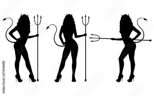 Vector set of black silhouette of a devil girl
