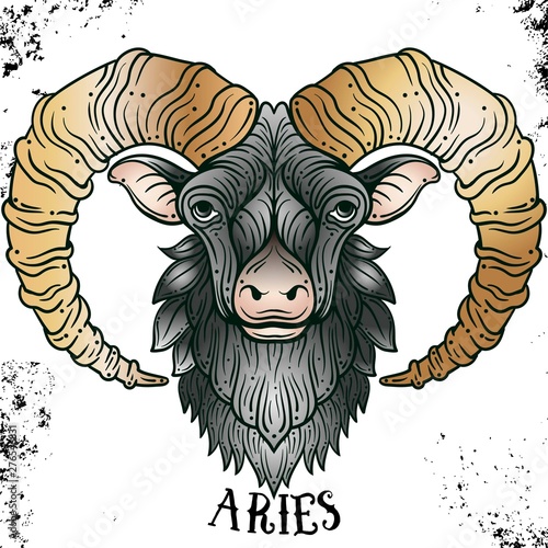 Beautiful line art filigree symbol. Black sign on vintage background.Elegant jewelry tattoo.Engraved horoscope symbol.Doodle mystic drawing with calligraphy lettering.Aries