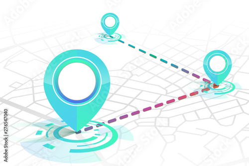 Gps icon mock up gradient green color 3 point with dashed lines showing on the street white background