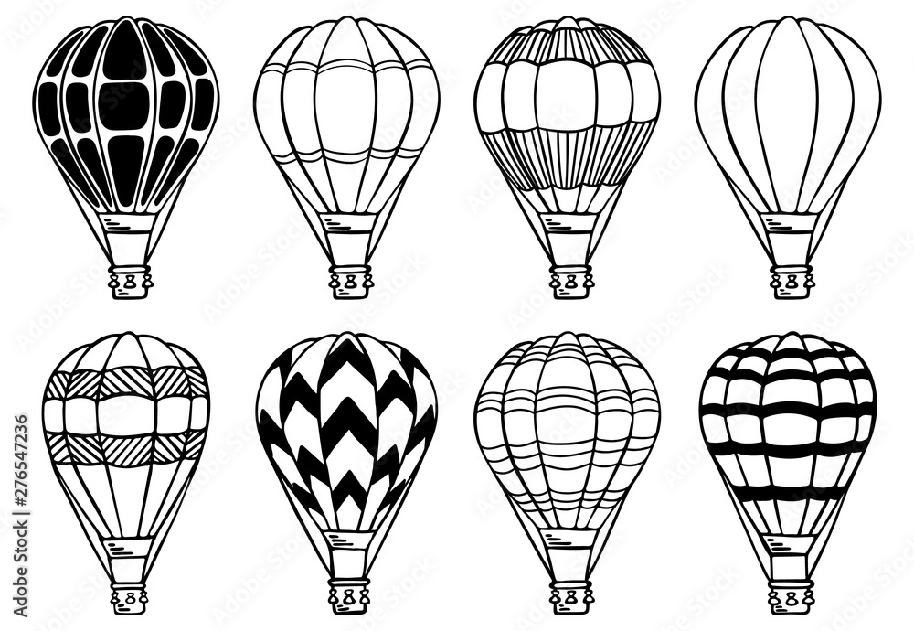 Obraz premium Hot air balloons set. Vector illustration. Aerostat for decoration for holidays, travel, greeting cards, wedding, invitations, summer, holidays and greetings, scrapbooking and wrapping paper 