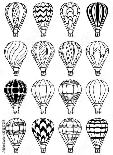 Hot air balloons set. Vector illustration.  Aerostat for decoration for holidays, travel, greeting cards, wedding, invitations, summer, holidays and greetings,  scrapbooking and wrapping paper 