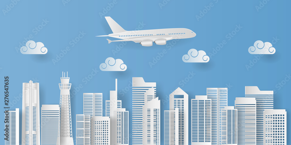 Skyscraper with clouds and airplane, Modern city skyline building, Paper art style. Vector illustration Skyscraper with clouds and airplane, Modern city skyline building, Paper art style. Vector illustration