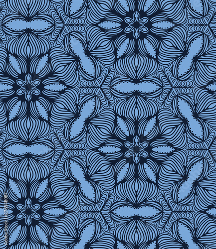 Indigo blue hand drawn mosaic tile pattern. Repeating leaves square geometric. Monochrome surface design textile swatch. Japanese style dyed quilt all over print. Trendy seamless vector background