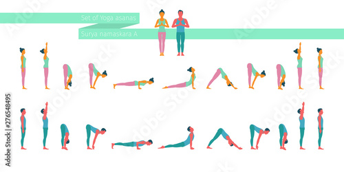 People cartoon character demonstrating various yoga positions.