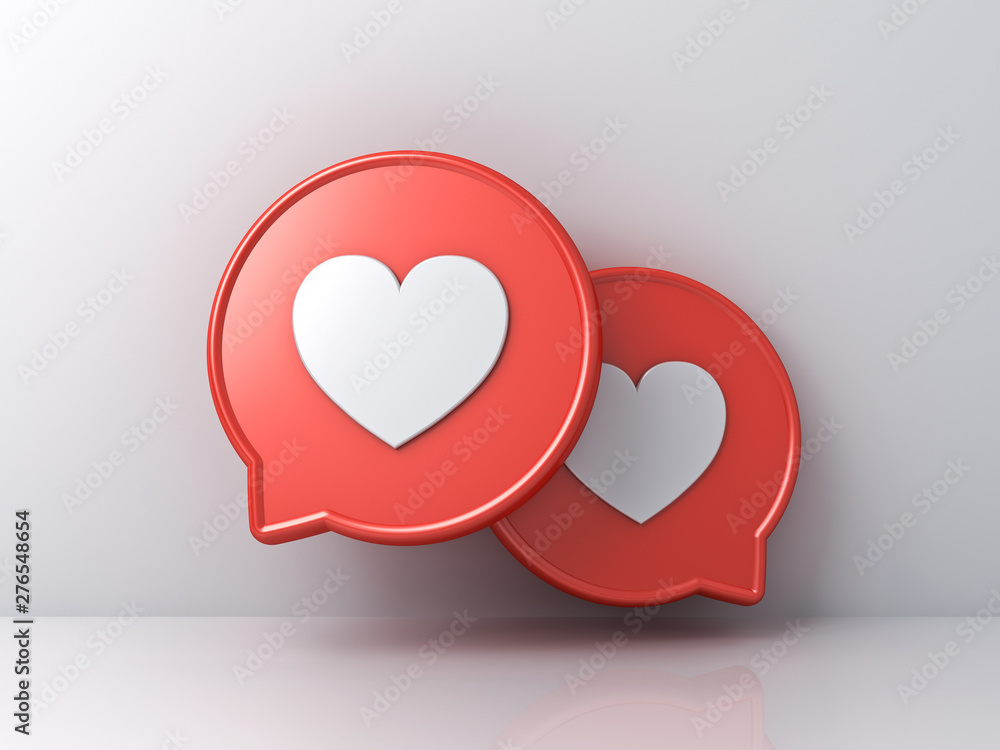 3d social media notification love like heart icons on red round speech bubbles isolated on white color wall background with shadows and reflections 3D rendering - obrazy, fototapety, plakaty 
