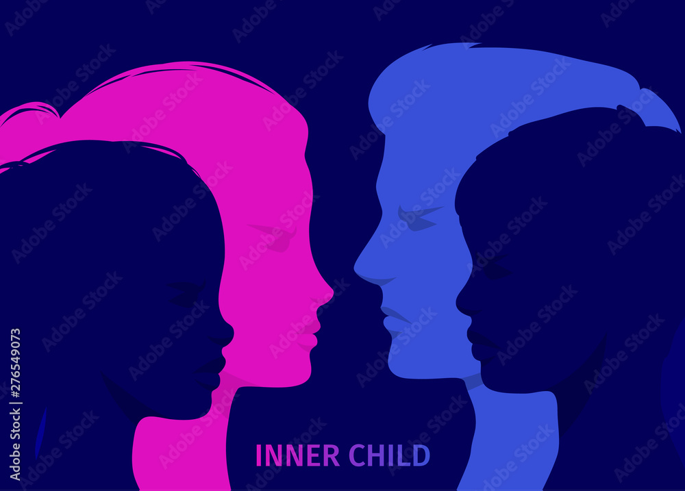 Concept of inner child. Silhouette of a man and woman showing their inner child