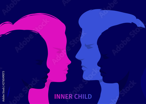 Concept of inner child. Silhouette of a man and woman showing their inner child
