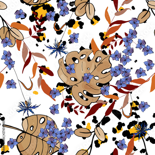 Abstract fashion style seamless background. Vector floral print. Jaguar illustration flower pattern for wallpaper design.
