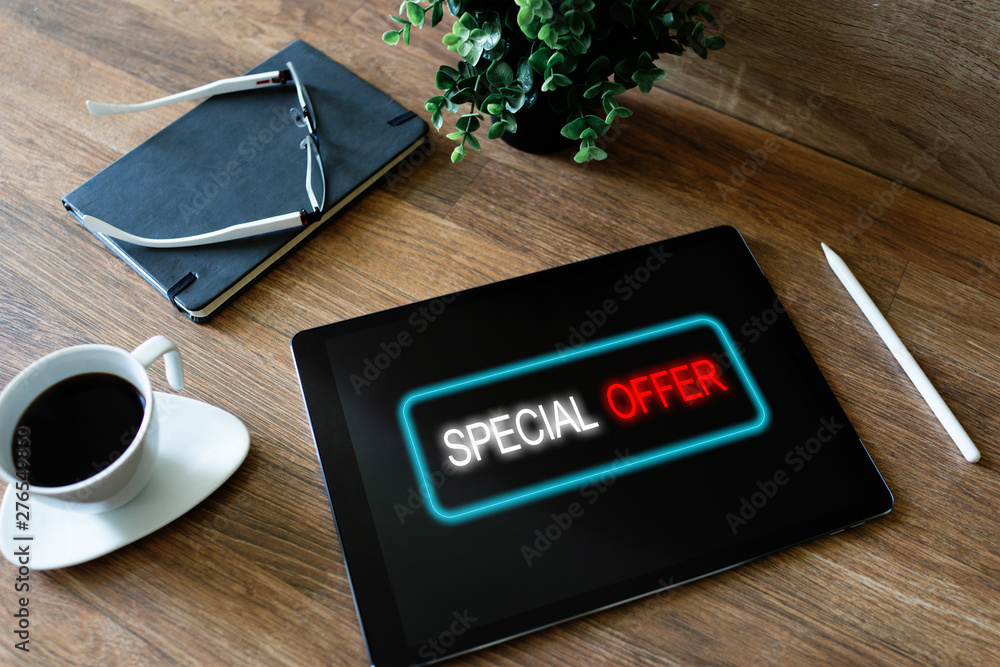 Special offer message on device screen. Sales and marketing, promotion and advertising concept. Special offer message on device screen. Sales and marketing, promotion and advertising concept.