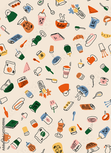 Colorful coffee store elements seamless pattern in light background. Brunch and teatime hand drawn icons for backgrounds, textile, wrapping paper and wallpaper