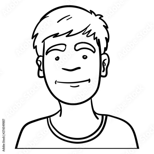 Vector comic drawing of a boy's head that is friendly. black, white, outline, doodle, sketch, ink.