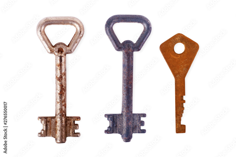Old rusty door key isolated on white. three key set Old rusty door key isolated on white. three key set