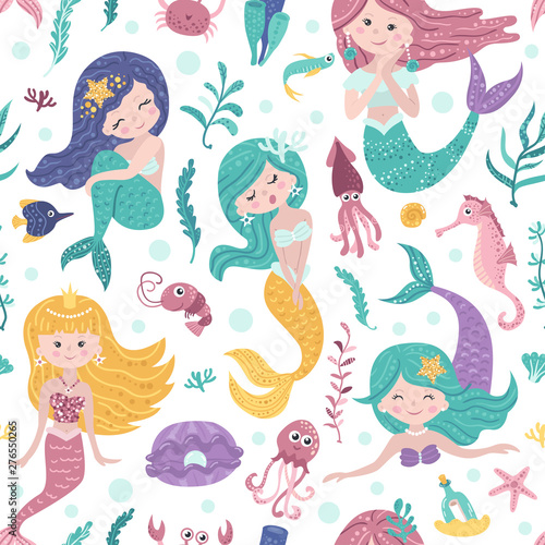Seamless pattern with cute mermaids, seaweed and fishes
