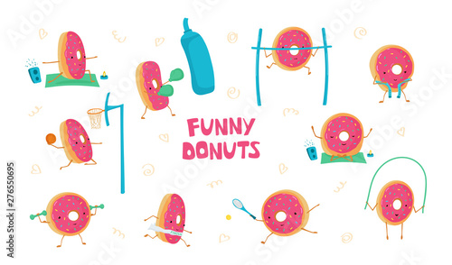 Set with funny cute donuts in sports. Donuts meditates, plays basketball, tennis, running, jumping rope, Boxing. Vector illustration for kids postcards, posters, fabric, Wallpaper