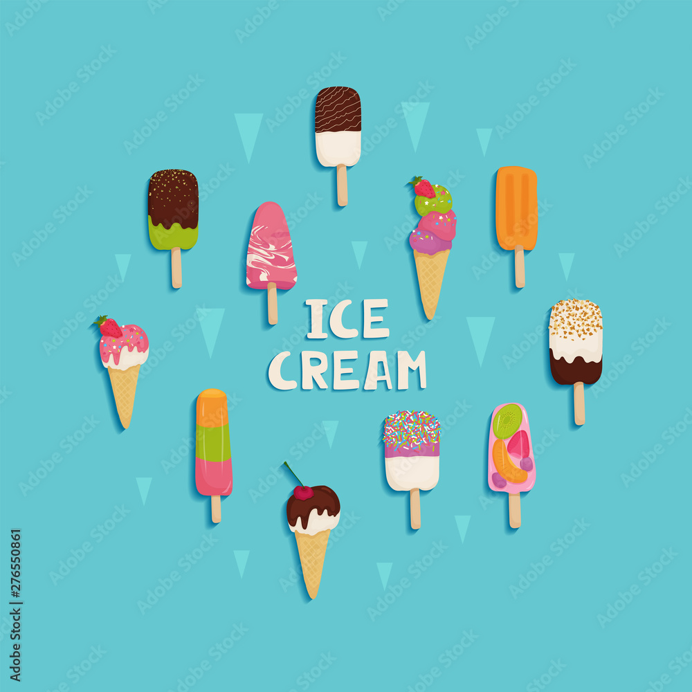 Set of ice cream with chocolate, fruit, nuts, pistachios, strawberries, cherries, kiwi, orange. Illustration in cartoon style on white background for menu, banner, flyer, poster.Vector Set of ice cream with chocolate, fruit, nuts, pistachios, strawberries, cherries, kiwi, orange. Illustration in cartoon style on white background for menu, banner, flyer, poster.Vector