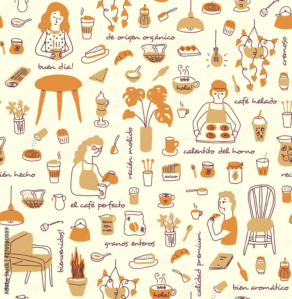 Coffee store elements with people and text in spanish seamless pattern in warm colors, orange and yellow. Brunch and teatime hand drawn icons for backgrounds, textile, wrapping paper and wallpaper Coffee store elements with people and text in spanish seamless pattern in warm colors, orange and yellow. Brunch and teatime hand drawn icons for backgrounds, textile, wrapping paper and wallpaper