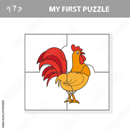 Puzzle pieces - Puzzle game for Children - Rooster bird Cartoon Cock - vector
