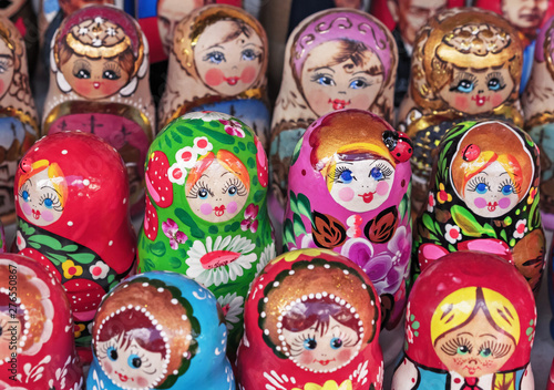Matryoshka is a national Russian souvenir. Russian wooden doll matryoshka on the counter of the gift shop. Nested doll. © Valemaxxx