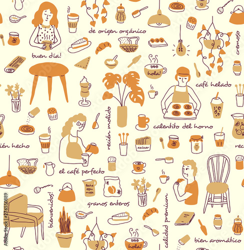 Coffee store elements with people and text in spanish seamless pattern in warm colors, orange and yellow. Brunch and teatime hand drawn icons for backgrounds, textile, wrapping paper and wallpaper
