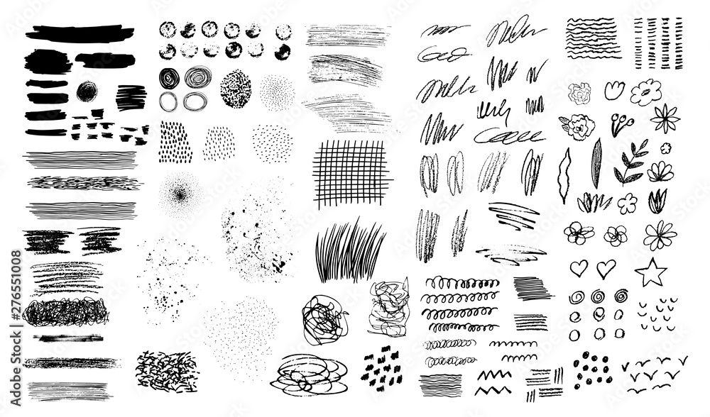 Plakat Zestaw ręcznie rysowane tekstury kulas marker i wzory atramentu. Tekstura rysunek ręka. Wektor