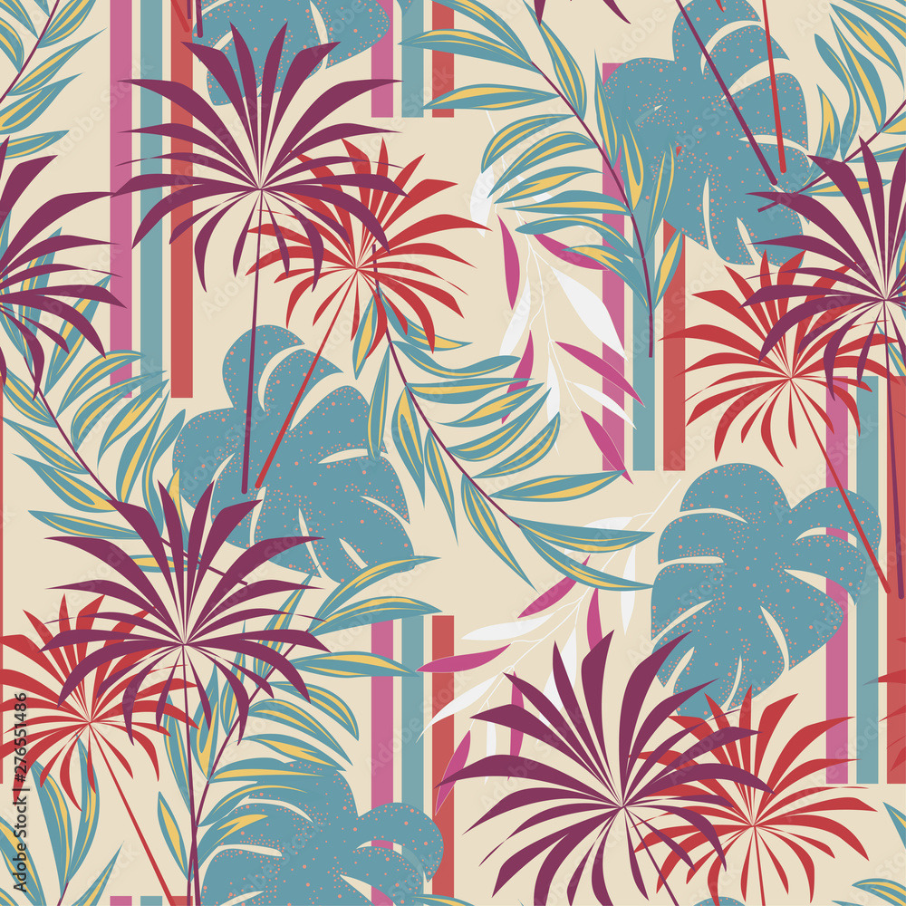 Abstract seamless pattern with colorful tropical leaves and plants on pastel background. Vector design. Jungle print. Floral background. Printing and textiles. Exotic tropics. Summer design.