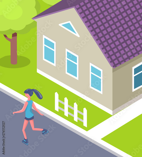 Woman rollerblading near house, activity in yard , back view of girl wearing sportswear, close up view of cottage with windows, green grass and tree vector