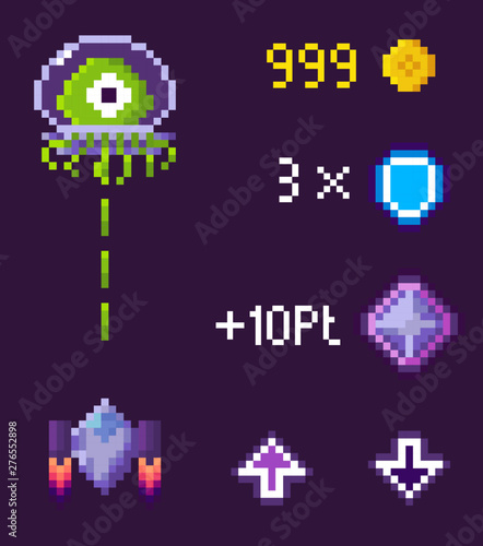 Ufo and spaceship shooting, coins and crystals, arrows symbols, purple video-game in pixelated style, rocket and monster battle, pixel game vector