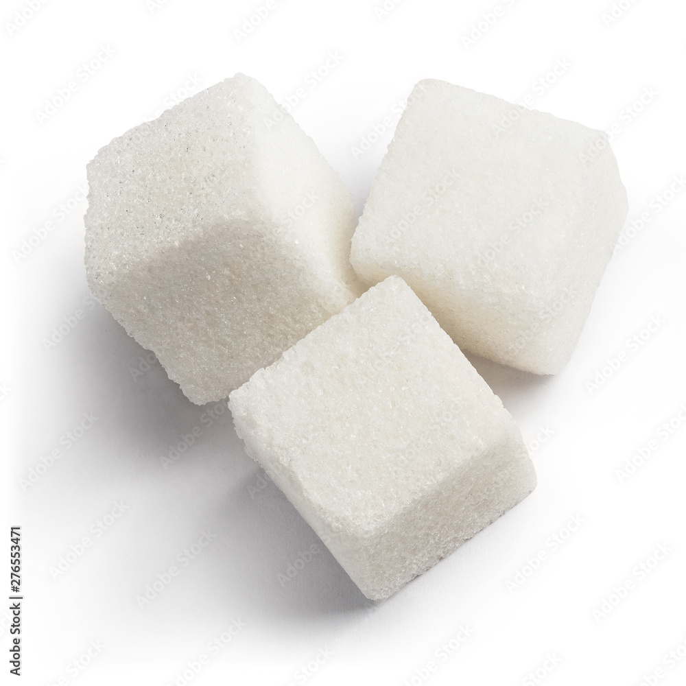 Three white sugar cubes, view from above, isolated on white background