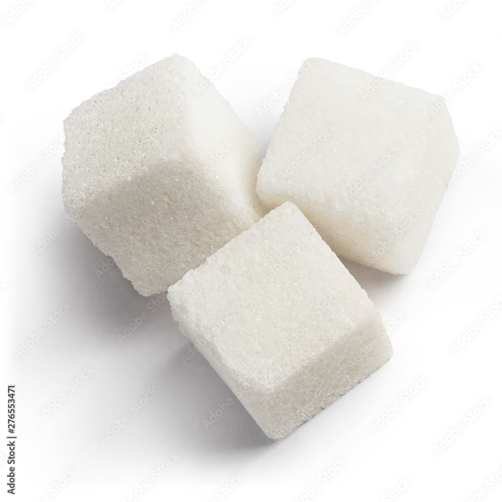 Three white sugar cubes, view from above, isolated on white background Three white sugar cubes, view from above, isolated on white background