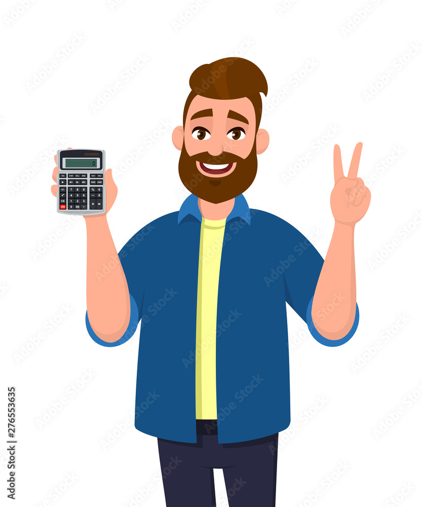 Successful man showing or holding digital calculator device in hand and gesturing, making victory, V, peace or two sign. Modern lifestyle, business & finance, banking concept illustration in cartoon. Successful man showing or holding digital calculator device in hand and gesturing, making victory, V, peace or two sign. Modern lifestyle, business & finance, banking concept illustration in cartoon.