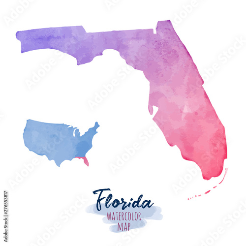 Hand drawn watercolor map of Florida. Colorful illustration isolated on white background