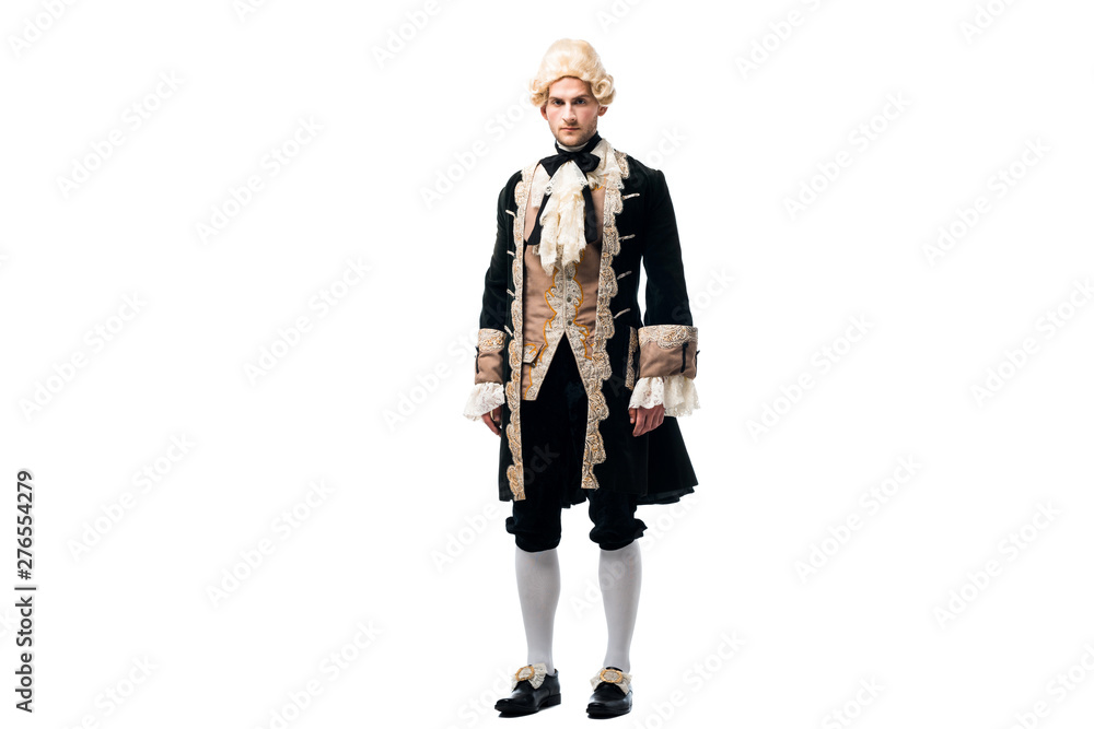 handsome victorian man in wig standing and looking at camera isolated on white handsome victorian man in wig standing and looking at camera isolated on white